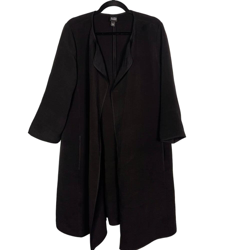 Eileen Fisher L Black Long Open Front Textured Blazer Jacket Silk Blend Magnetic